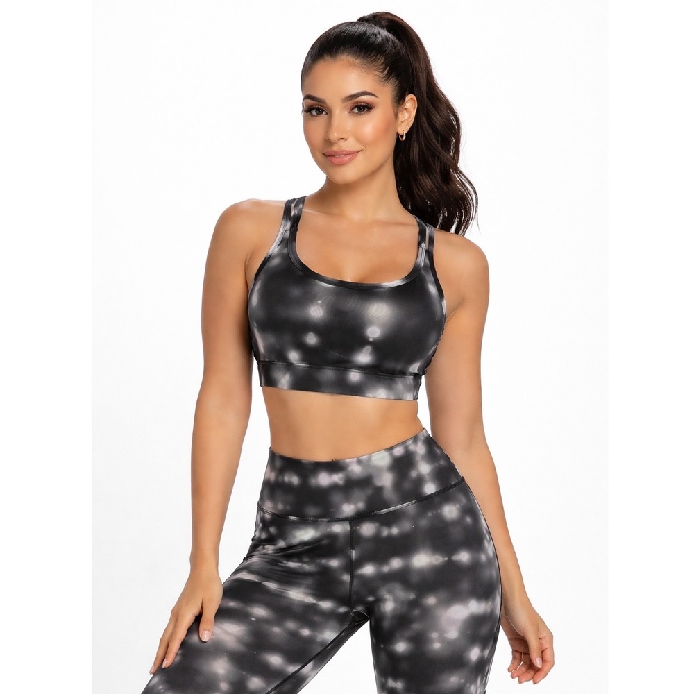 GapFit‎ Medium Impact Strappy Back Sports Bra Black White Bokeh Print S 102-39